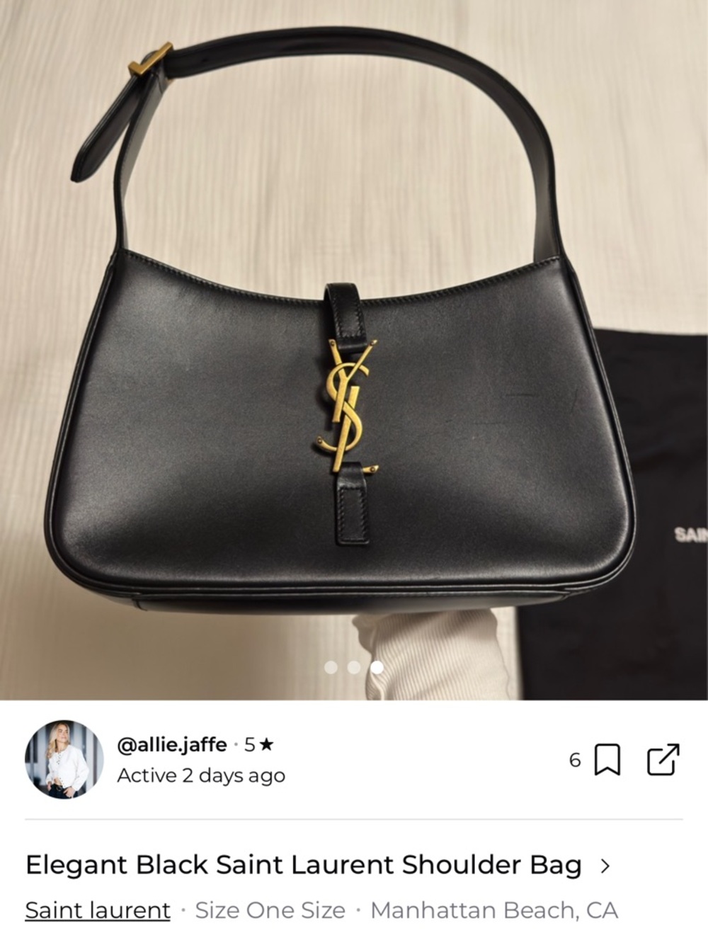 Saint Laurent Black Leather Shoulder Bag with Gold YSL Monogram - Picture 2 of 3